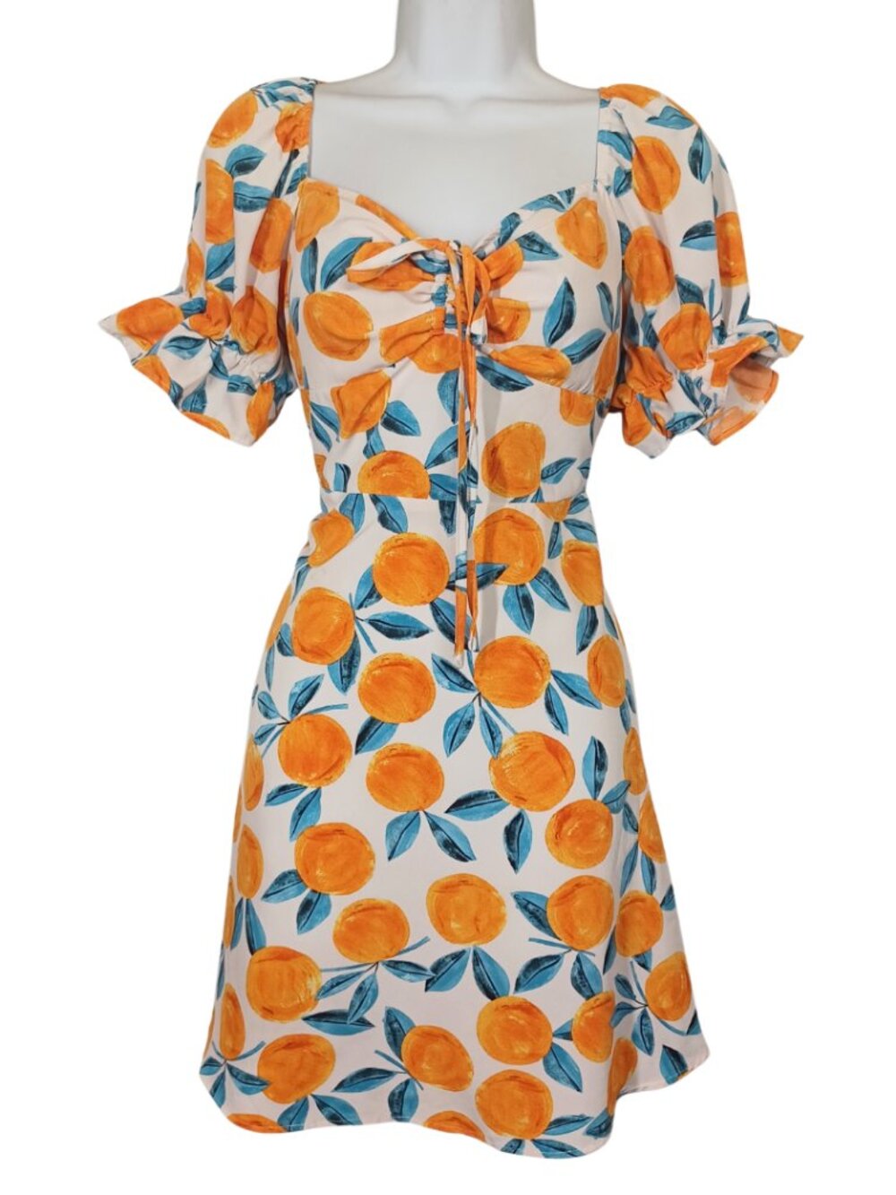 SHEIN Orange Print Dress Small A Line Novelty Fruit Print Summer Puff Sleeve